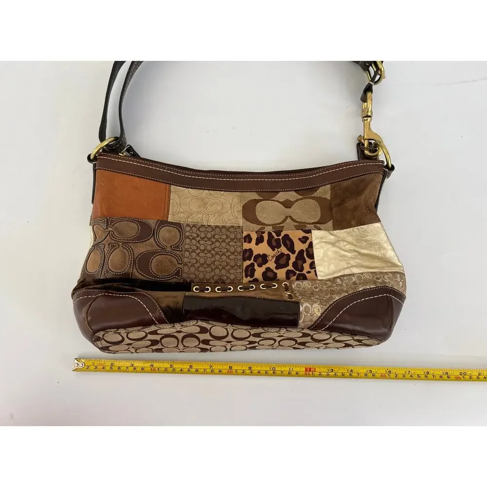 Vintage Coach F0893-F12842 Patchwork Jacquard Leopard Brown Leather Bag Y2K Boho - Picture 10 of 16